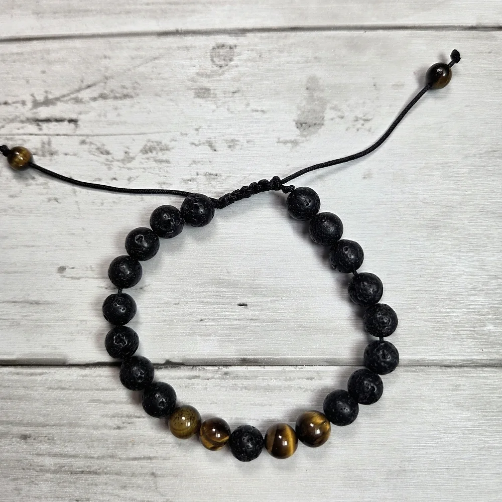 Black Lava Bead and Tiger Eye Adjustable Bracelet - Men Accessories